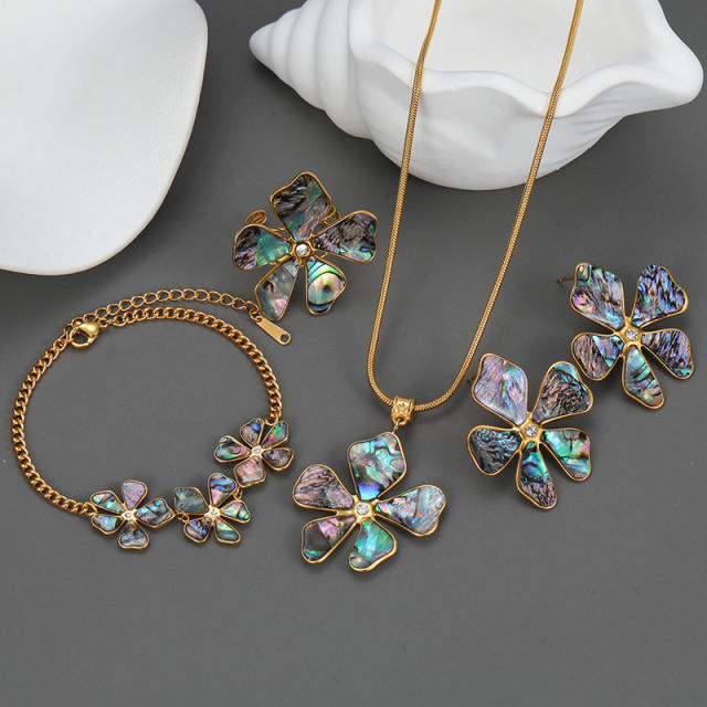 Summer elegant abalone flower stainless steel necklace bracelet earrings rings set