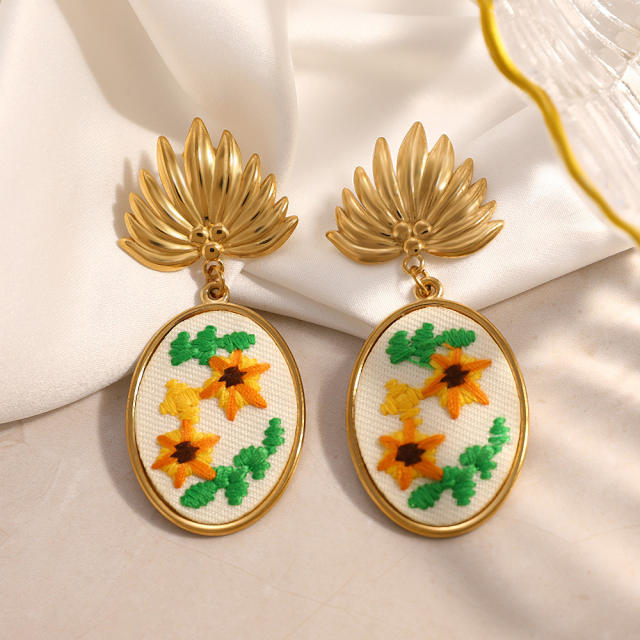 Sweet fresh embroidery flower stainless steel earrings