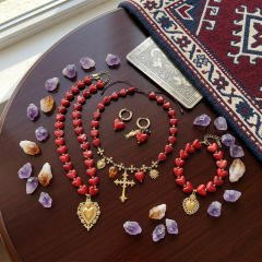 French Retro Palace-Style Acrylic Red Heart Necklace with Cross Pendant stainless steel necklace set
