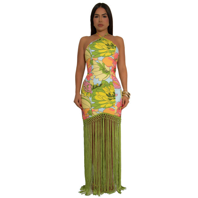 Chinese trend long tassel sleeveless halter neck dress for women