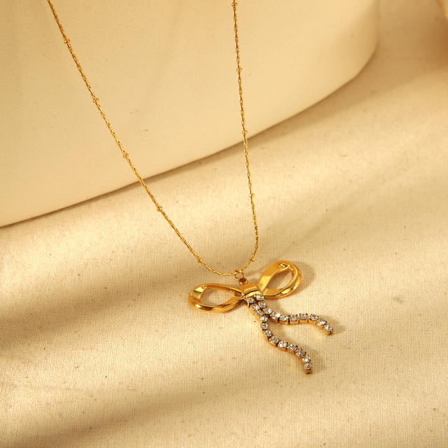 18K Gold-Plated Bowknot Rhinestone Tassel Pendant Stainless Steel Necklace
