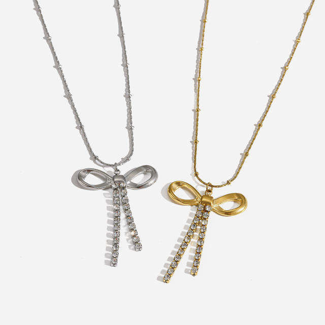 18K Gold-Plated Bowknot Rhinestone Tassel Pendant Stainless Steel Necklace