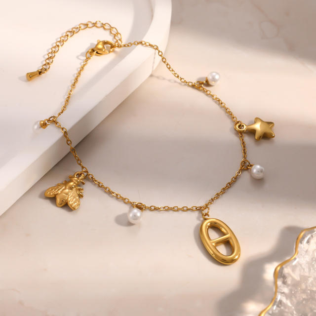 Water proof pig nose charm stainless steel anklet