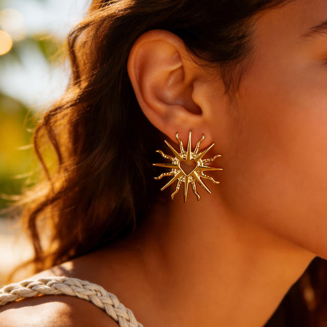 Unique hollow out sun shape heart stainless steel earrings