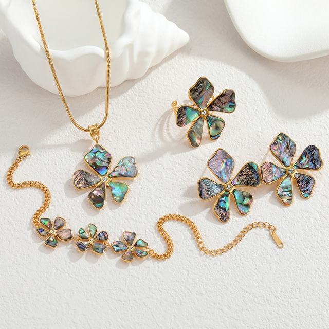 Summer elegant abalone flower stainless steel necklace bracelet earrings rings set