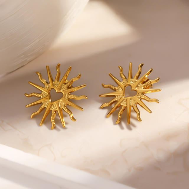 Unique hollow out sun shape heart stainless steel earrings