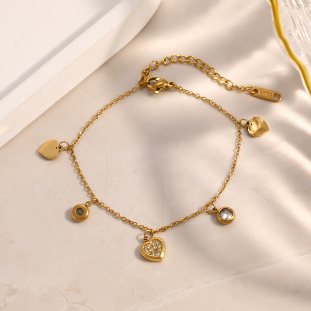 Hot sale diamond heart charm stainless steel bracelet