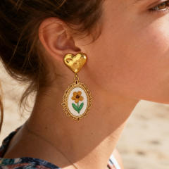 Vintage embroidery flower oval drop stainless steel earrings