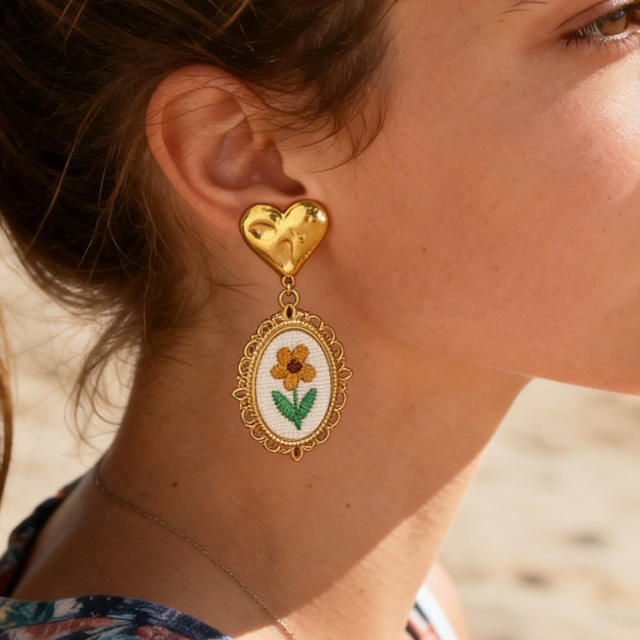Vintage embroidery flower oval drop stainless steel earrings