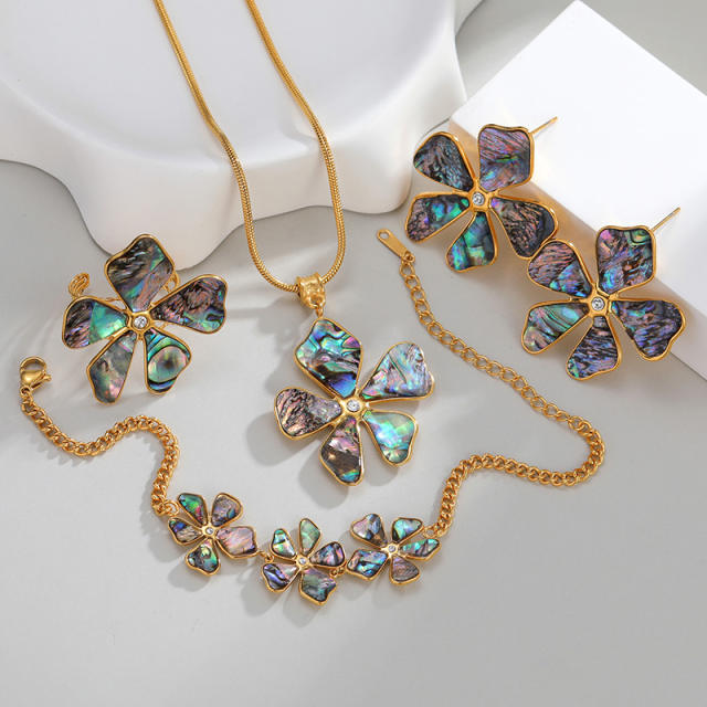 Summer elegant abalone flower stainless steel necklace bracelet earrings rings set