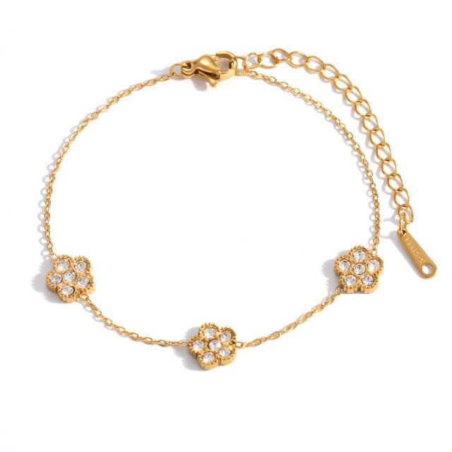 18KG diamond flower stainless steel bracelet