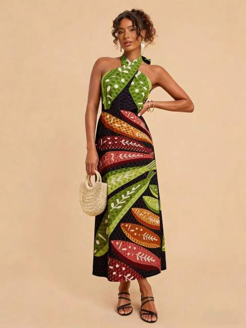 Summer Style Positioning Print Floral Cross-Back Versatile Dress