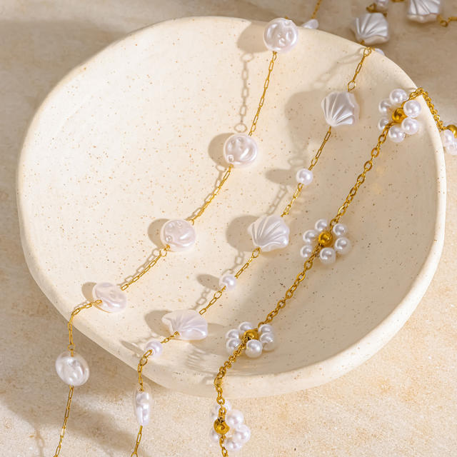 18K Gold-Plated Stainless Steel necklace Pearl Necklace Shell Flower Imitation Pearl Chain necklace for women
