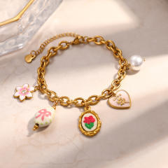 New design charm bracelet embroidery flower pink bow stainless steel bracelet