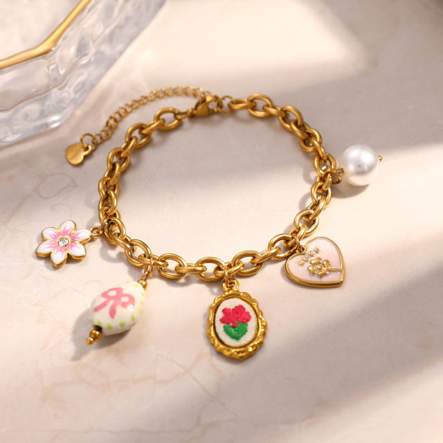 New design charm bracelet embroidery flower pink bow stainless steel bracelet