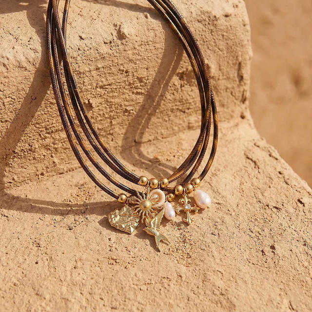 Fashion Ocean Series Pendant Necklace with Leopard Print Leather Cord stainless steel necklace