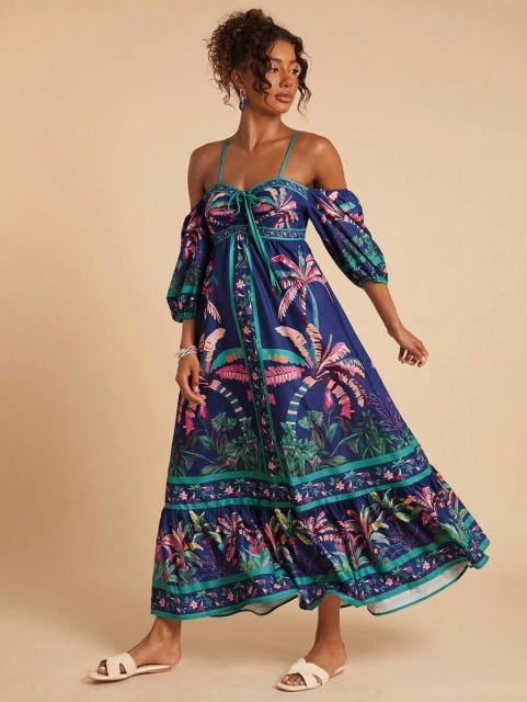 Foreign Trade Summer Style Printed Off-Shoulder Strapless Dress