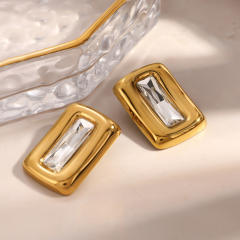 Retro style geometric square glass crystal inlaid stainless steel earrings