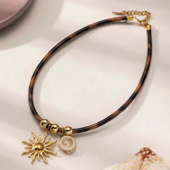 Fashion Ocean Series Pendant Necklace with Leopard Print Leather Cord stainless steel necklace