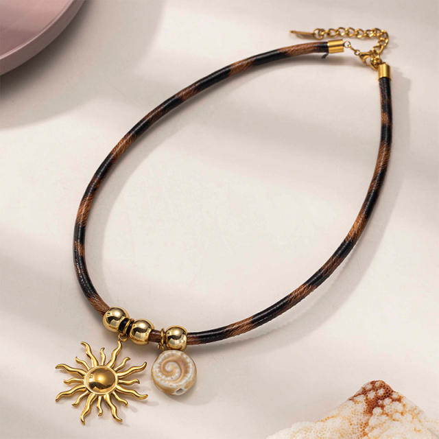 Fashion Ocean Series Pendant Necklace with Leopard Print Leather Cord stainless steel necklace