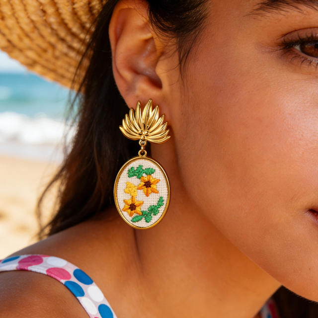 Sweet fresh embroidery flower stainless steel earrings