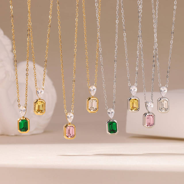 Dainty colorful heart crystal pendant stainless steel necklace