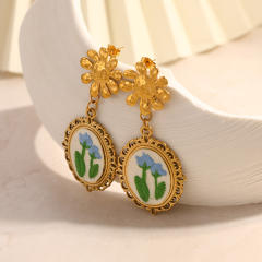 Vintage embroidery flower stainless steel earrings
