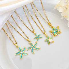 Ocean Style Starfish Scallop Copper Plated 18K Gold Necklace turquoise necklace