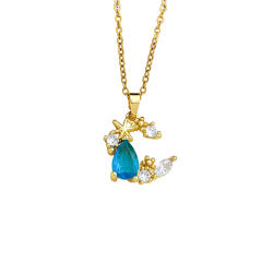 Delicate colorful crystal inlaid moon pendant stainless steel chain necklace