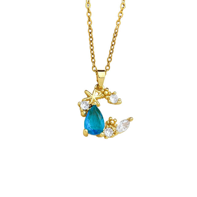 Delicate colorful crystal inlaid moon pendant stainless steel chain necklace