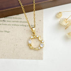 Delicate colorful crystal inlaid moon pendant stainless steel chain necklace