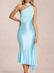 2026 One-Shoulder Halter Satin Dress with Ribbon Waist-Cinching