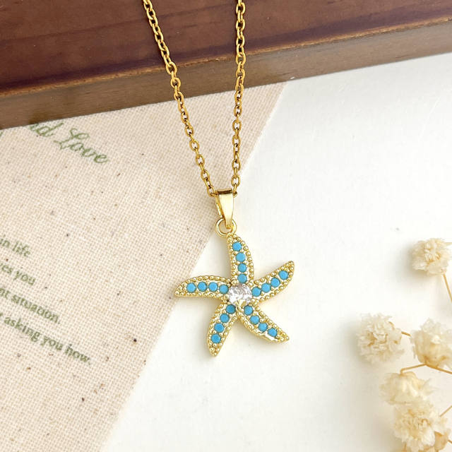 Ocean Style Starfish Scallop Copper Plated 18K Gold Necklace turquoise necklace