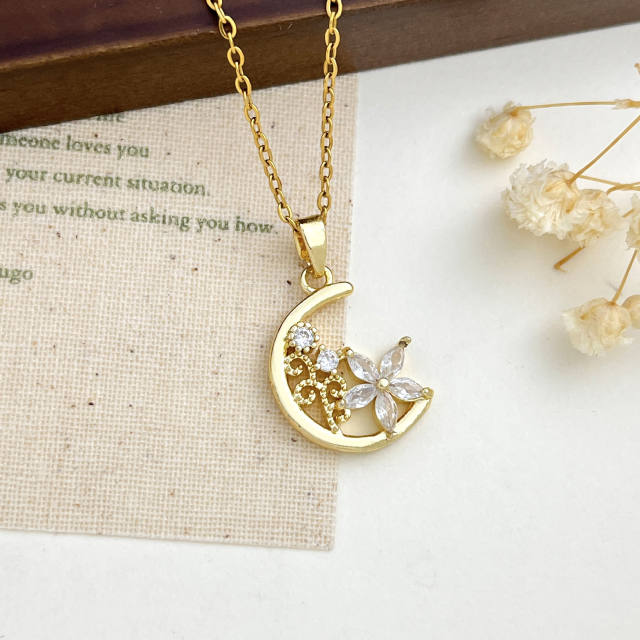 Delicate colorful crystal inlaid moon pendant stainless steel chain necklace