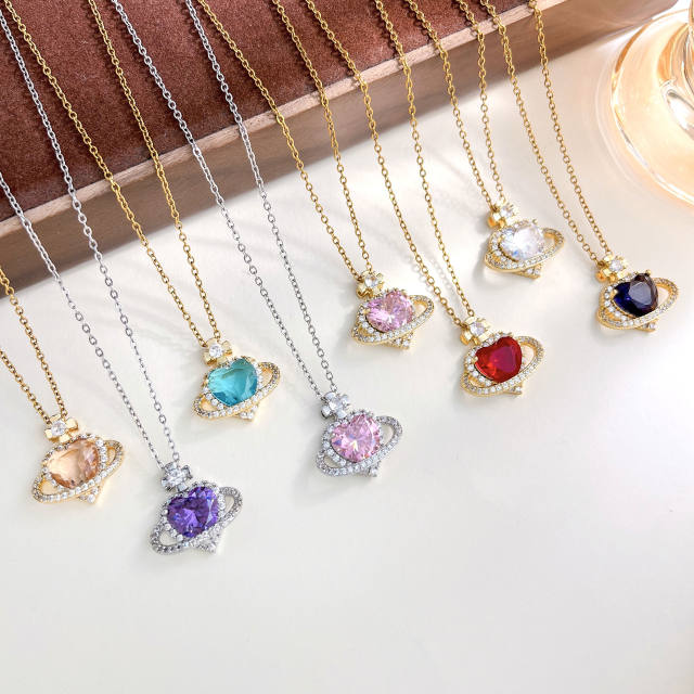 Hot sale colorful crystal heart pendant stainless steel chain necklace