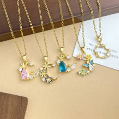 Delicate colorful crystal inlaid moon pendant stainless steel chain necklace