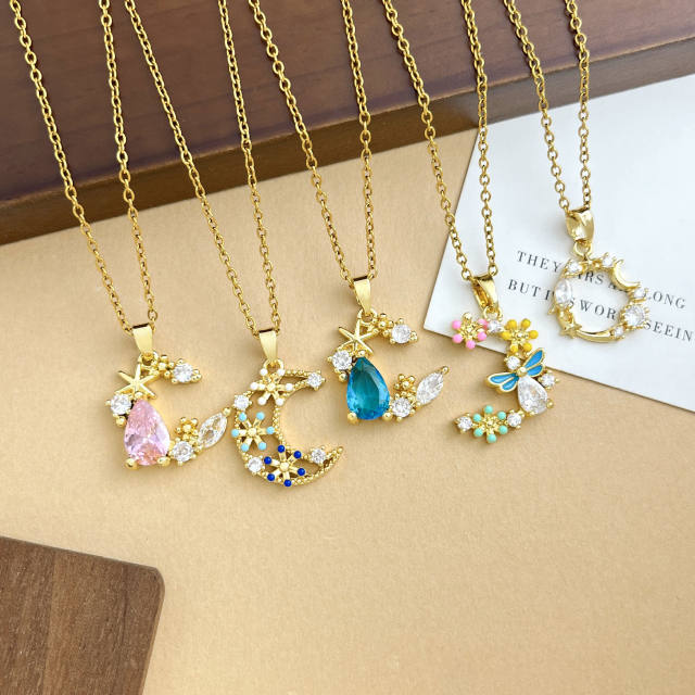 Delicate colorful crystal inlaid moon pendant stainless steel chain necklace