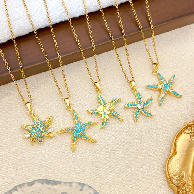 Ocean Style Starfish Scallop Copper Plated 18K Gold Necklace turquoise necklace