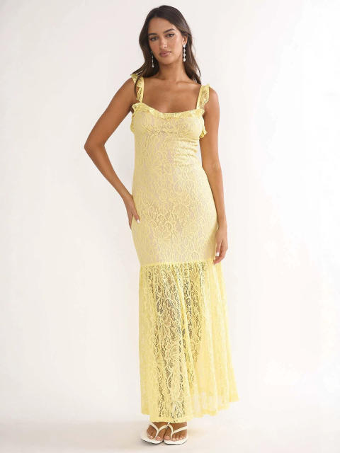 Moonlight Venus Solid Color Heavy Lace Square Neck Women's Long Dress