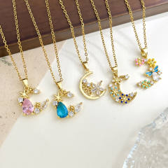 Delicate colorful crystal inlaid moon pendant stainless steel chain necklace