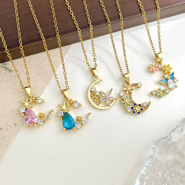 Delicate colorful crystal inlaid moon pendant stainless steel chain necklace