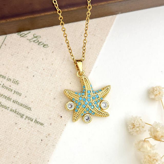Ocean Style Starfish Scallop Copper Plated 18K Gold Necklace turquoise necklace