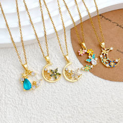 Delicate colorful crystal inlaid moon pendant stainless steel chain necklace