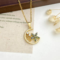 Delicate colorful crystal inlaid moon pendant stainless steel chain necklace