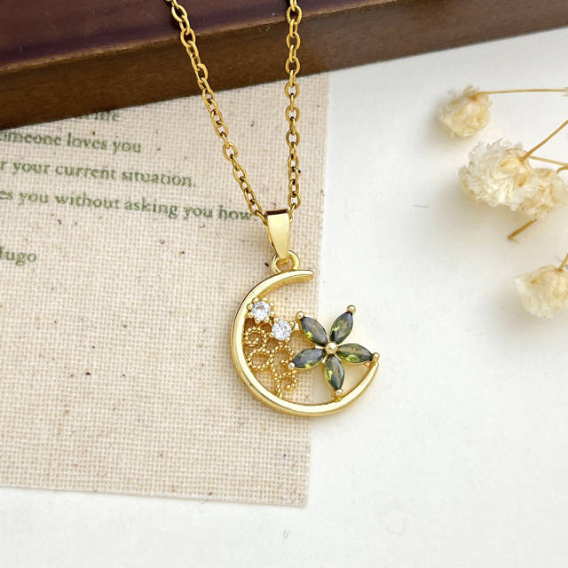 Delicate colorful crystal inlaid moon pendant stainless steel chain necklace
