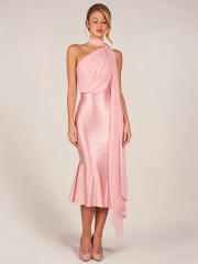 2026 One-Shoulder Halter Satin Dress with Ribbon Waist-Cinching