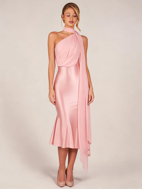 2026 One-Shoulder Halter Satin Dress with Ribbon Waist-Cinching