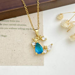Delicate colorful crystal inlaid moon pendant stainless steel chain necklace