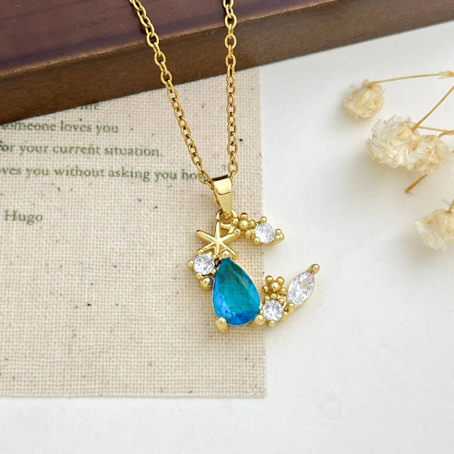 Delicate colorful crystal inlaid moon pendant stainless steel chain necklace
