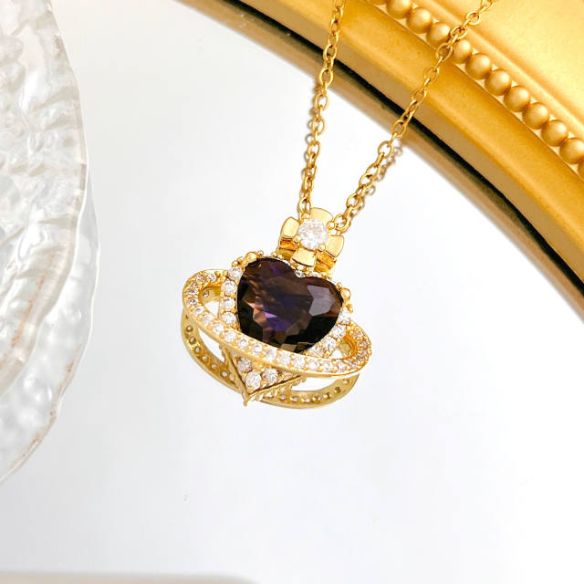 Hot sale colorful crystal heart pendant stainless steel chain necklace